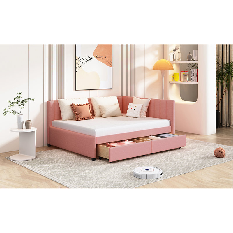 Lit double tapissier pleine grandeur avec 2 tiroirs en lin rose, sans sommier, lit de jour robuste avec rangement en lin rose - un support pour un sommeil paisible