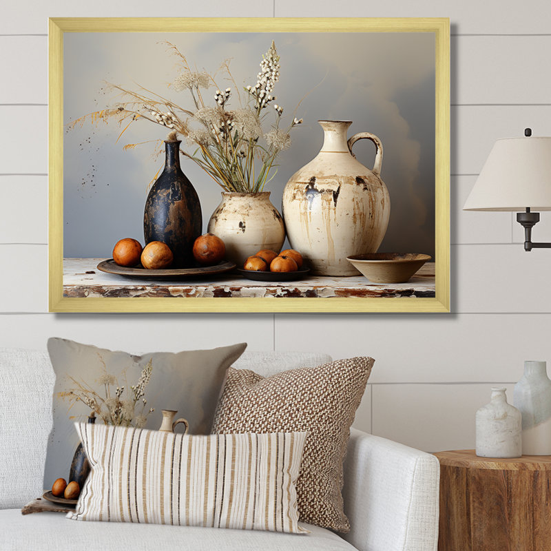 Art floral blanc rétro sur poterie, H 34 po x l 44 po x P 1,5 po, Cadre doré à coins fermés