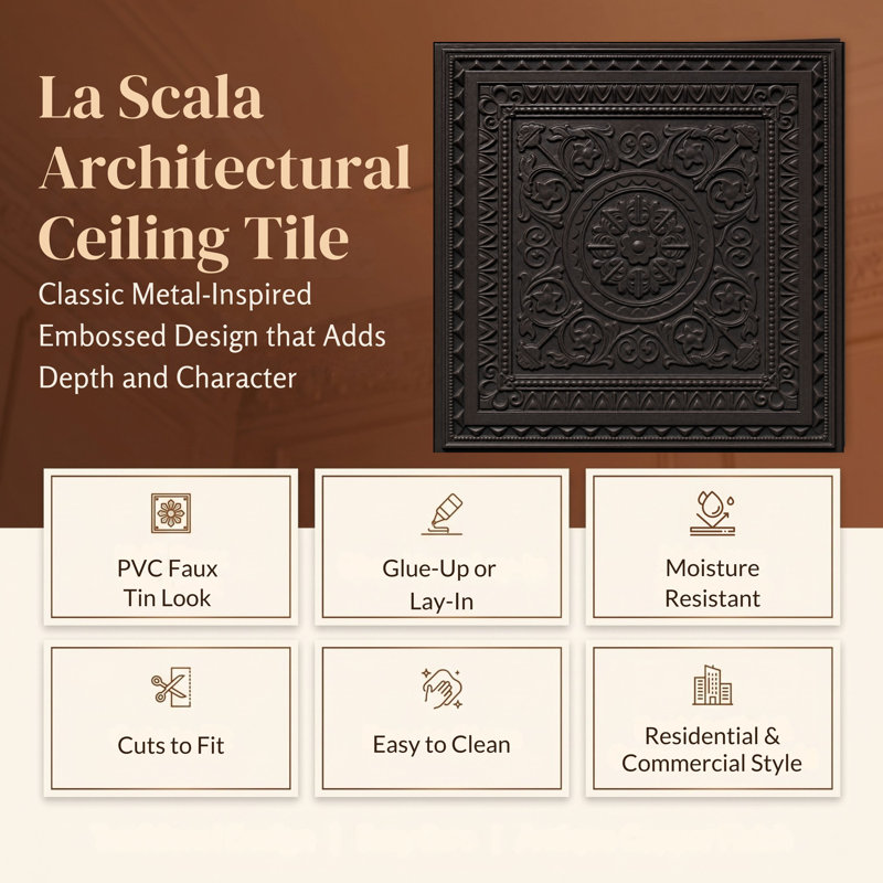 Tuile de plafond en PVC La Scala, L 24 po x L 24 po, Noir
