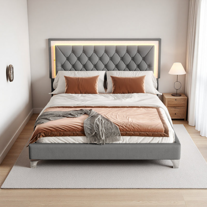 Grand cadre de lit tapissier grand avec lumières DEL, lit plateforme moderne en velours avec tête de lit capitonnée, Gris