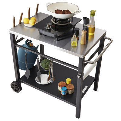 Chariot de salle à manger d'extérieur avec plateau en acier inoxydable, table de préparation de barbecue portative pour four à pizza et service alimentaire, table de travail modulaire à roulettes avec roues et poignée | Idée de cadeau