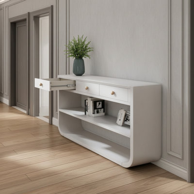 Console Classic Design avec 3 tiroirs et 2 tablettes ouvertes