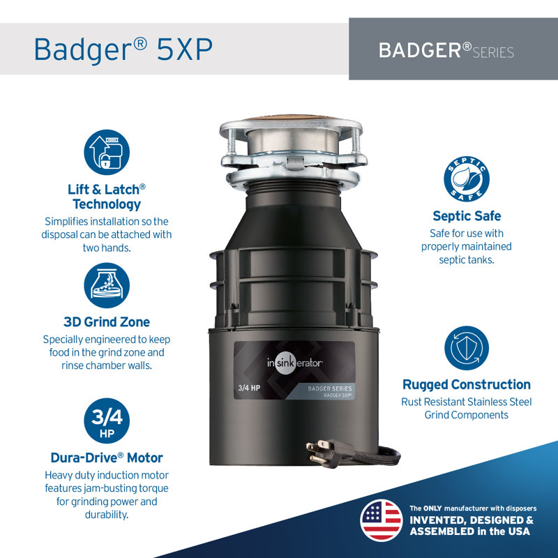 Badger 5XP 3/4 HP Continuous Feed Garbage Disposal, Power Cord Included