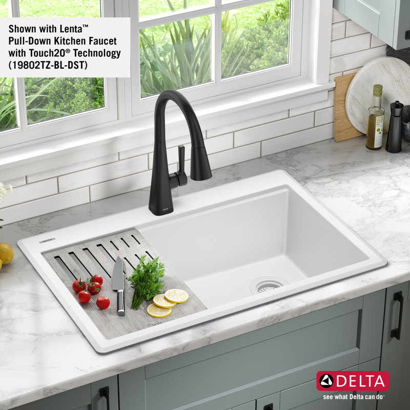 Delta Everest™ 33" L Granite Composite Workstation Kitchen Sink Drop-In Top Mount Single Bowl with WorkFlow™ Ledge, White