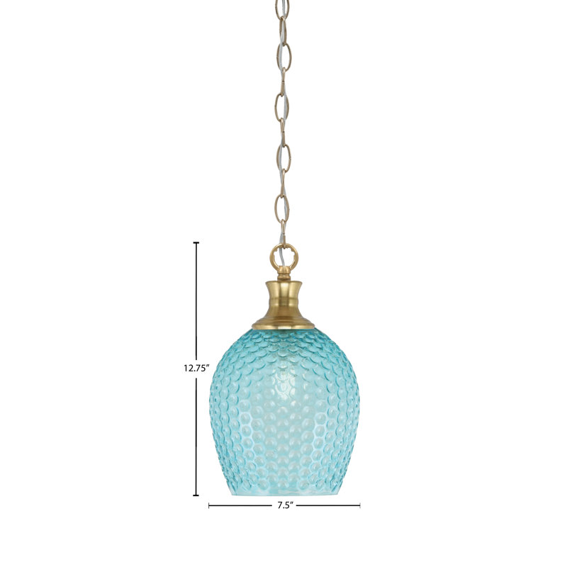 Luminaire suspendu Quapaw Zola avec verre texturé turquoise 7,5 po, Laiton New Age