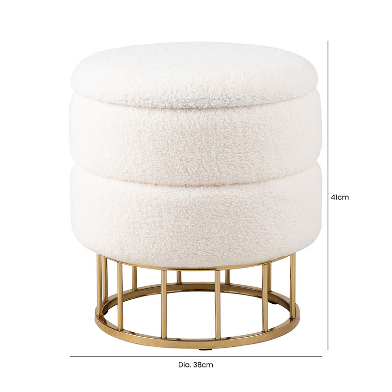 Velvet Boucle Storage Stool for Bedroom Furniture, Modern Round Storage Accent Stool, Gold, White