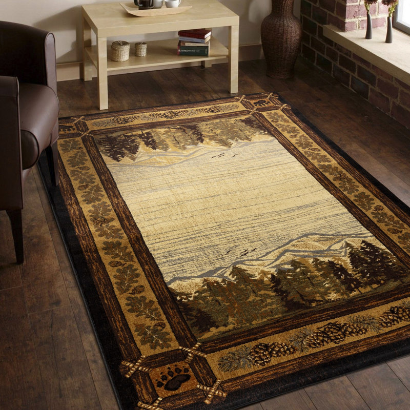 Black Lodge Area Rug Captivating Mountain And Forest Scenes Stain Natural Wood Patterns, Rectangle 7'10" x 10'3"