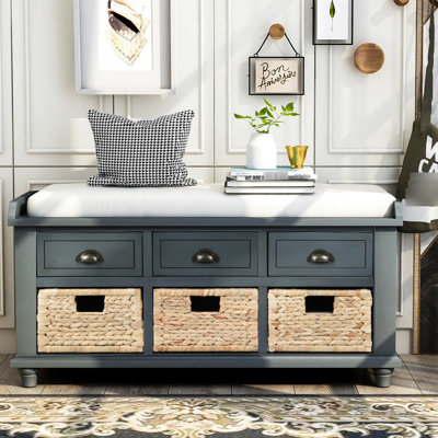 Banc de rangement antique avec 3 tiroirs et cadre en bois stable pour salon et vestibule