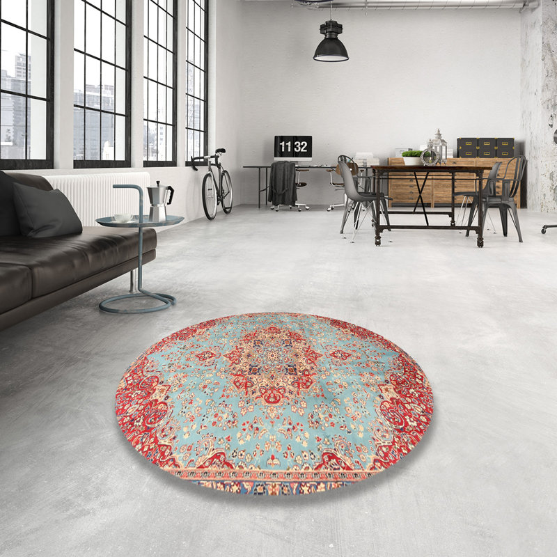 Bleu oriental/rouge/beige Tapis décoratif, Rond 7 pi