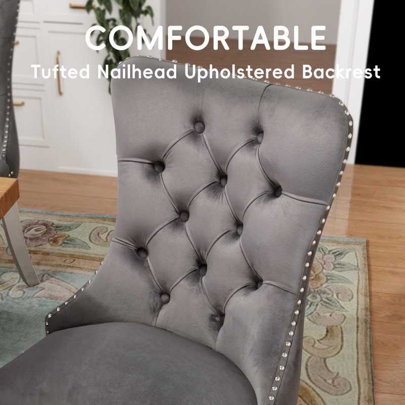 Modern Metal Nailheads Velvet Upholstered Dining Chairs (Set of 6), Gray