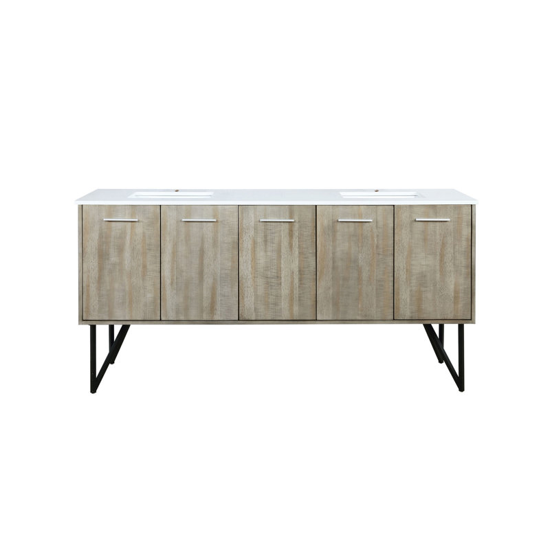 Meuble-lavabo double rustique en acacia avec plateau,  Quartz blanc / beige, H 36,63 po x l 72 po x P 20,25 po