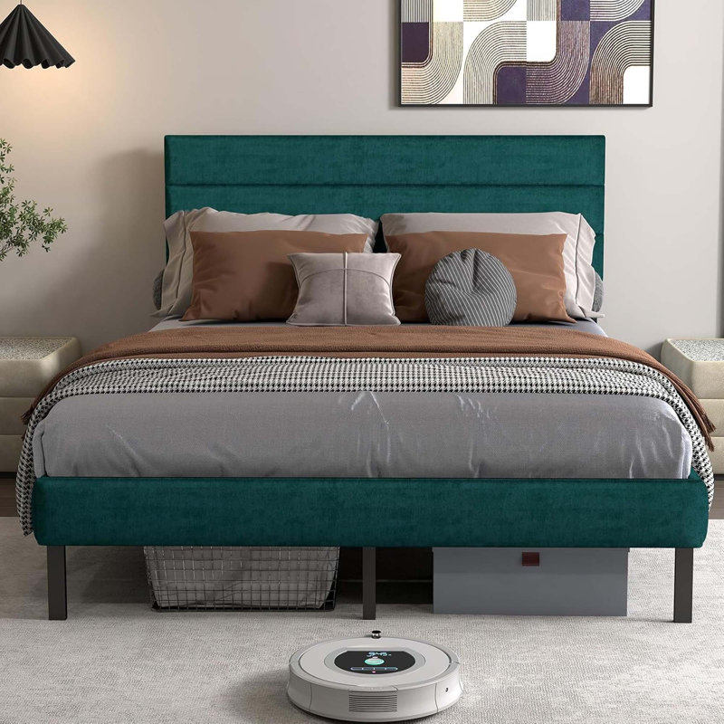 Structure de lit tapissier moderne - avec tête de lit, sans sommier, rangement sous le lit 14 po, Grand, Vert