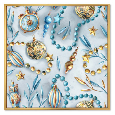 «Blue and Gold Christmas Tree Ornaments», reproduction d'art sur toile moderne