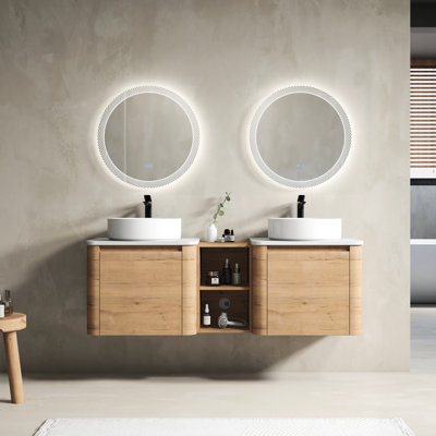 Meuble-lavabo mural de 60 po avec lavabo d'art en céramique et tablettes de rangement, porte à fermeture en douceur, décoration de salle de bain contemporaine en contreplaqué, rangement spacieux, charnières à fermeture en surface lisse, dalle de pierre plate blanche