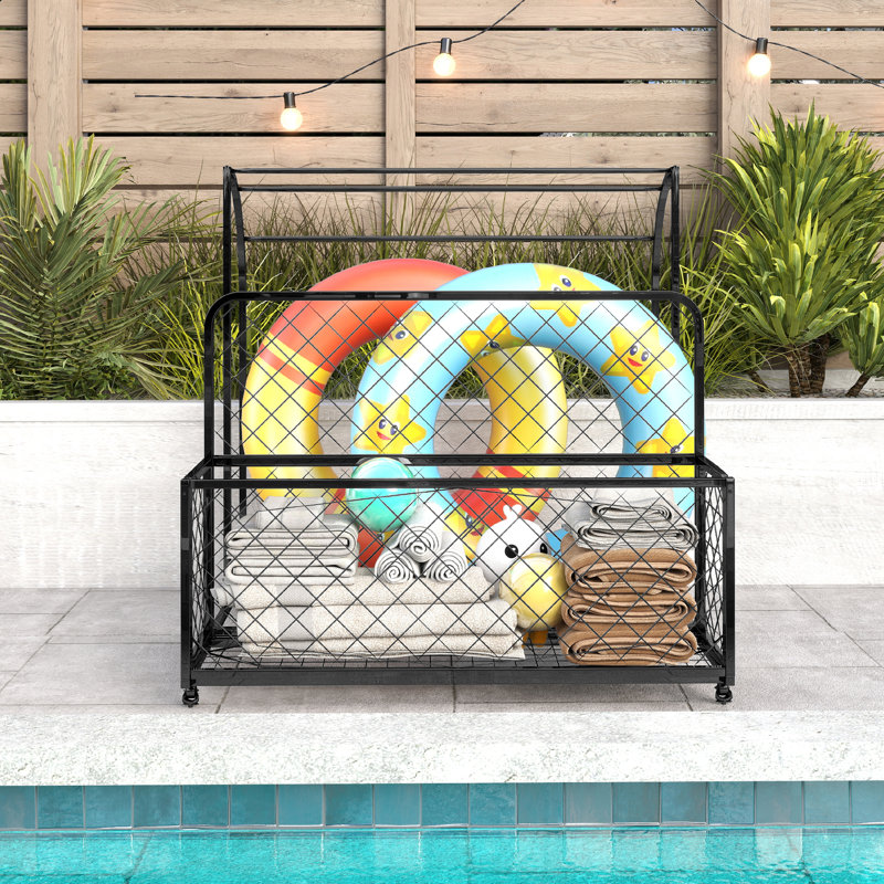 Metal Patio Pool Float Storage Basket, Outdoor Toy Rack And Multi Use Storage Organizer Bin For Floats, With Rolling Wheels