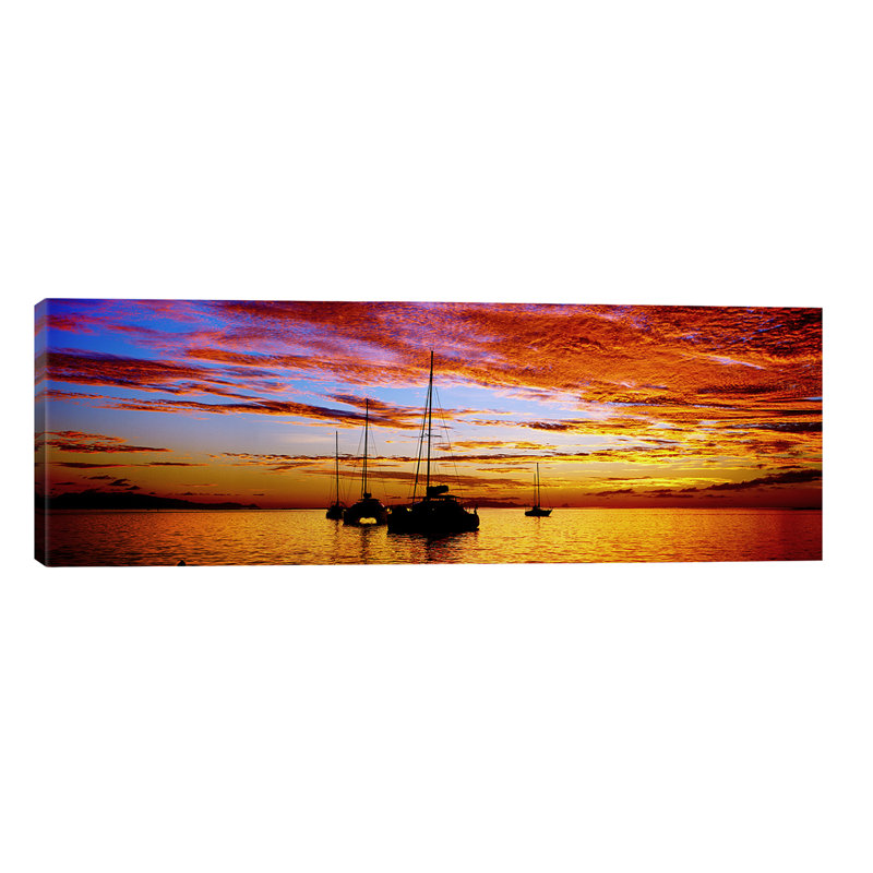 Silhouette Of Sailboats In The Ocean At Sunset, Tahiti, Society Islands, French Polynesia by Panoramic Images - Wrapped Canvas Panoramic Print