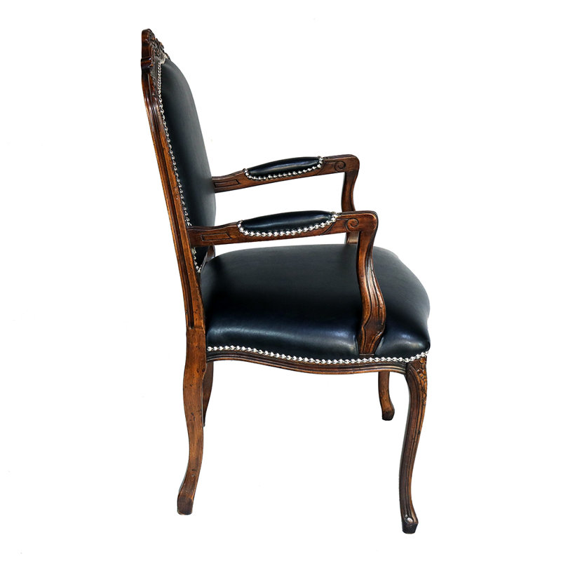 Amberli Louis XV Vintage Arm Chair With Faux Leather, Dark Brown Faux Leather