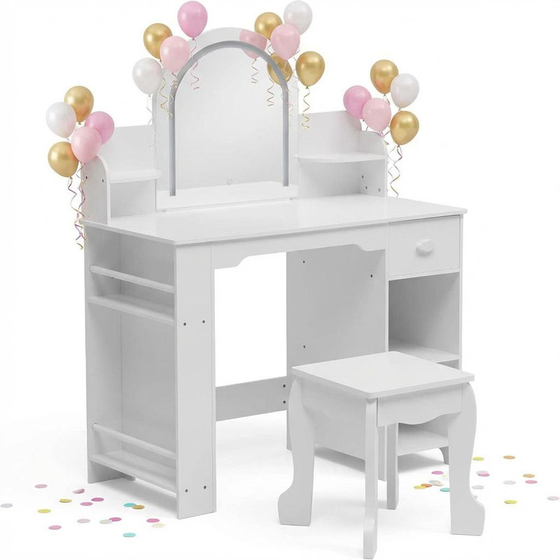 Kids Vanity Desk with Mirror and Lights, Makeup Vanity Table with Stool, Bookshelf, Drawer & Open Shelves, Wooden Princess Dressing Table for Little Girls Bedroom or Playroom