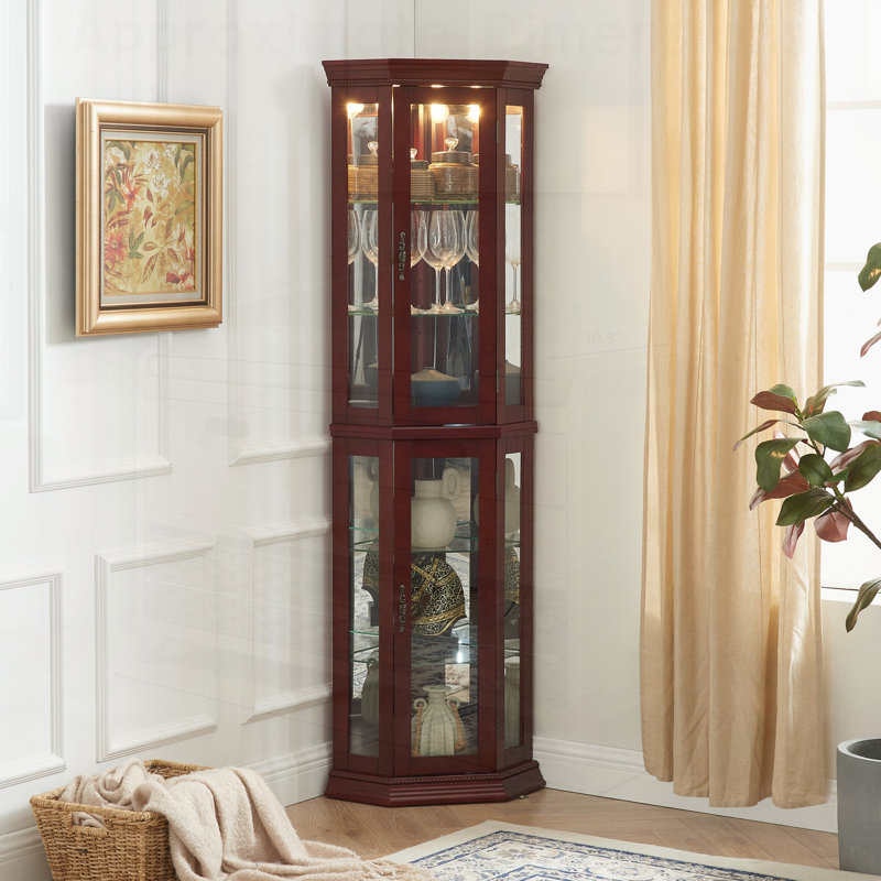 Corner Curio Cabinet with Lights, Adjustable Shelves, and Mirrored Back for Elegant Display and Storage, Cherry