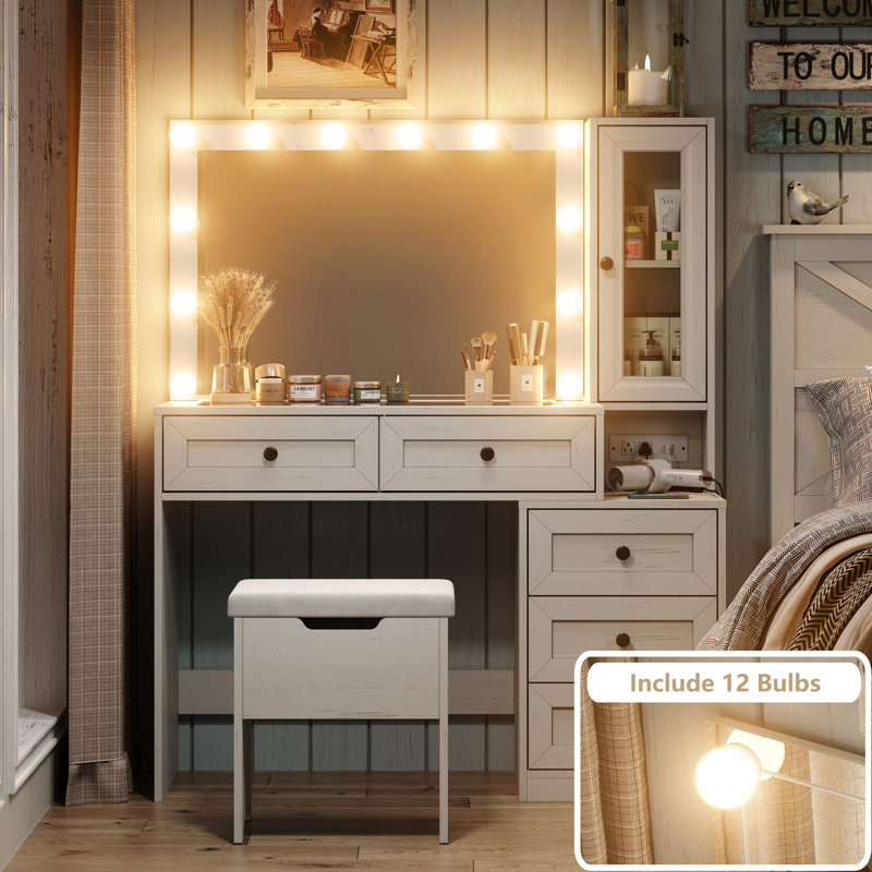Chester Makeup Vanity Table with 3 Modes Adjustable Brightness Light & Power Outlet & Storage Stool