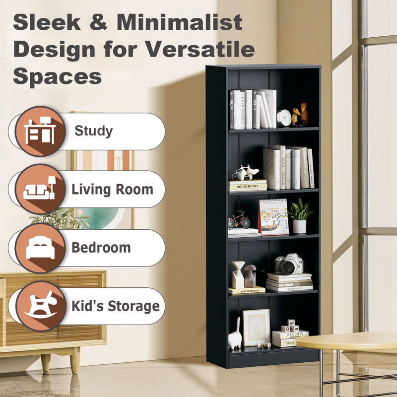Jalacia Bookcase, Black, (5 Shelves) 67" H x 24" W x 9" D