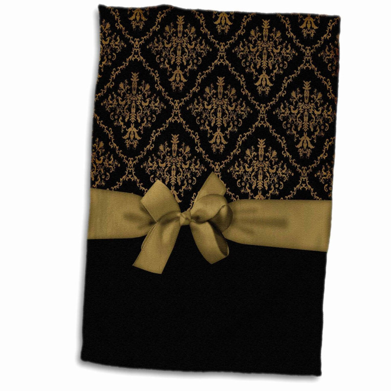 Elegant Damask Rose Hand Towel - Black & Gold Ribbon Bow Design, 15x22