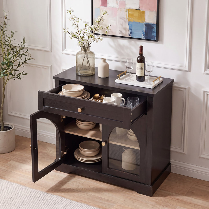 Buffet moderne en MDF de 81 cm (32 po) avec 2 tiroirs et 2 portes vitrées cintrées, fini bois noir, Black
