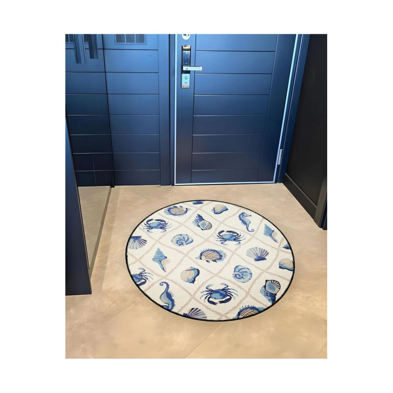 Tapis décoratif moderne tissé avec motif hippocampe et crabe, Rond 3 pi 4 po