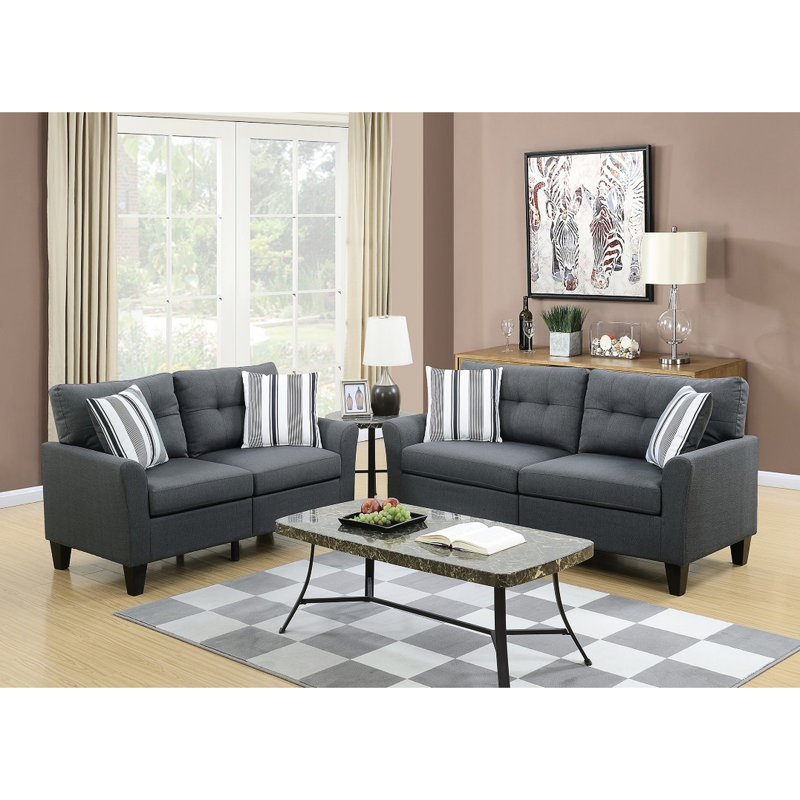 Polyfibre gris anthracite brillant 2 pièces - et avec structure en pin massif, base en contreplaqué, dossier, coussins à rayures, pieds en bois pour le salon
