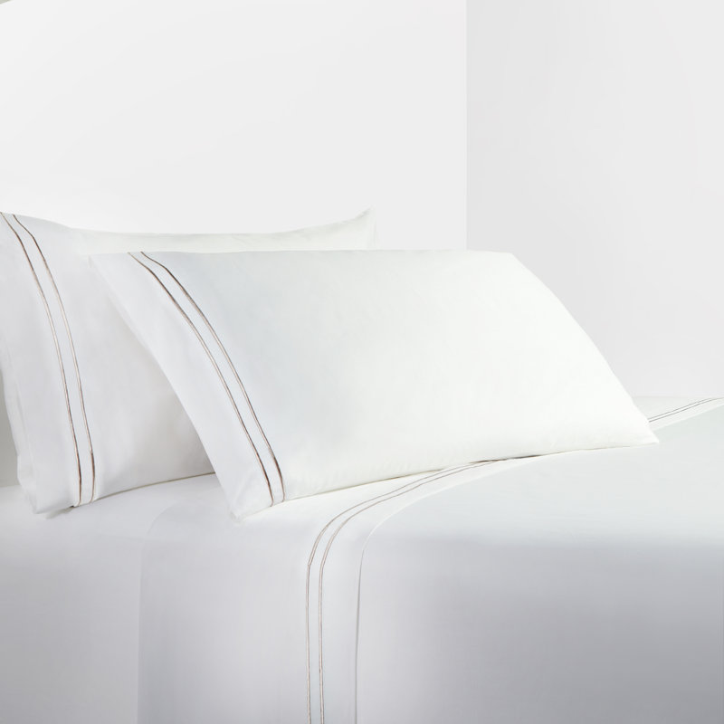 Queen Taupe Stripe Embroidered Cotton Sheet Set