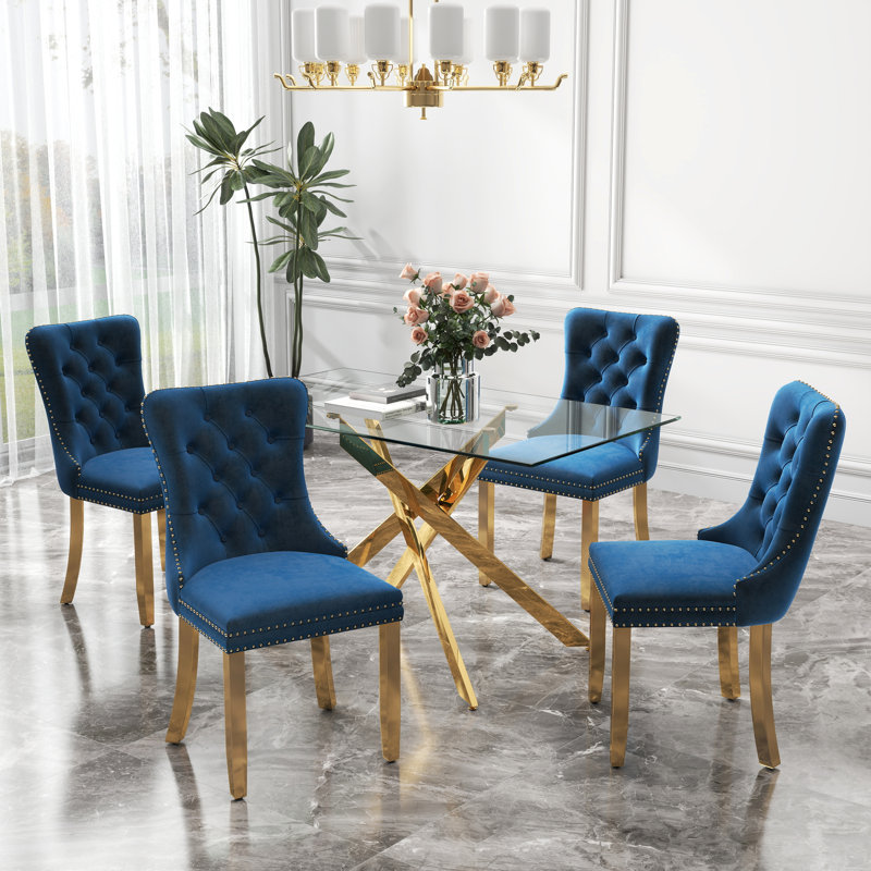 Ensemble de table de salle à manger rectangulaire en verre trempé, table de salle à manger de luxe avec chaise de salle à manger en velours capitonné