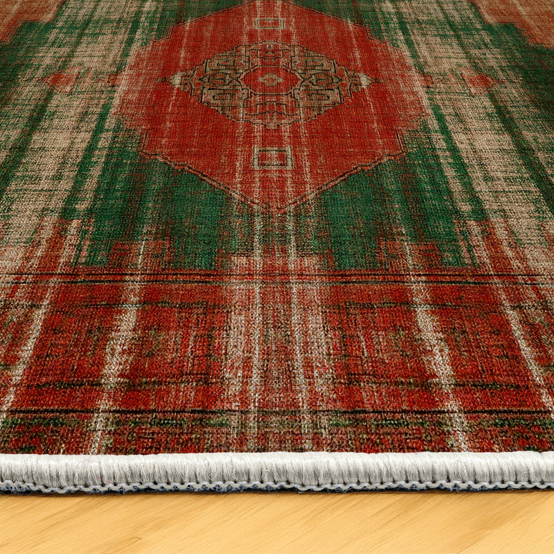 Anatolia Collection Digital Print Cotton-Polyester Green Red Oriental Rug, Rectangle 4' x 6'7"