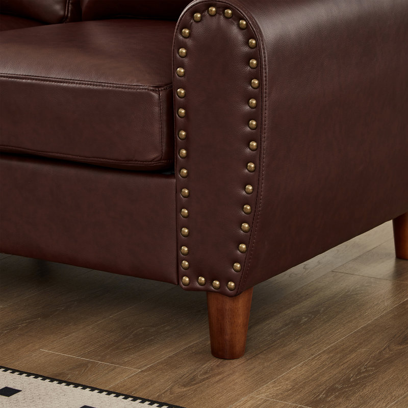 Causeuse rembourrée en cuir de polyuréthane 59 po avec clous 59 po, Burgundy Faux Leather