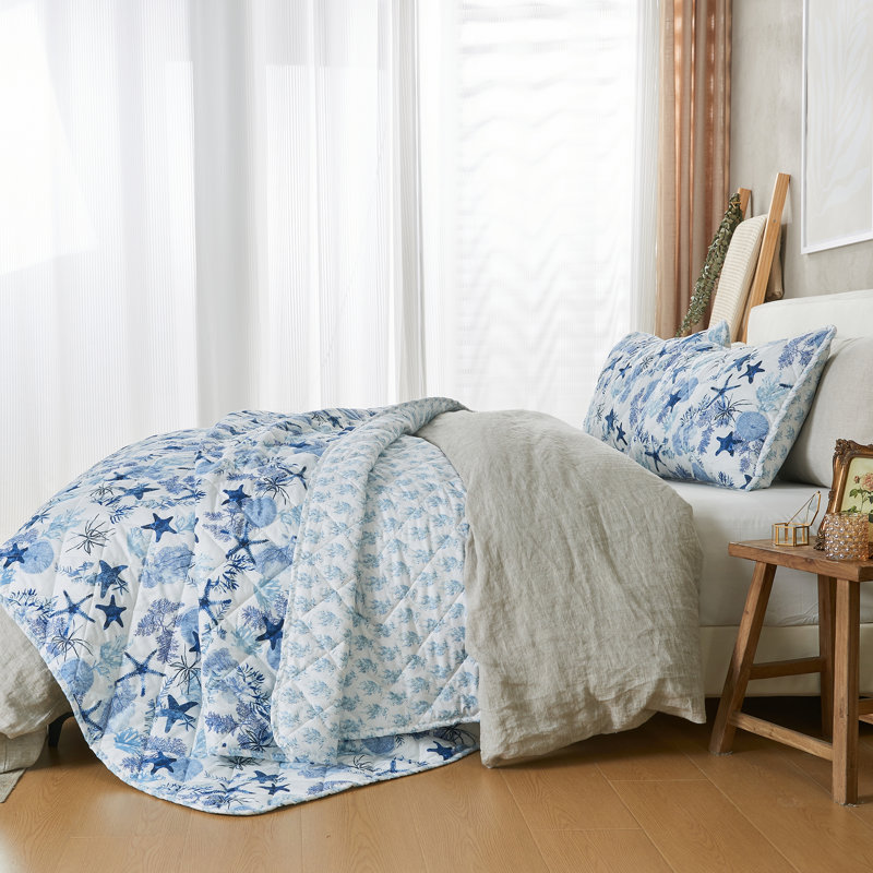 King Blue Microfiber Reversible Coastal Quilt Set