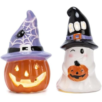 Décorations d'Halloween d'intérieur pour la maison, 2 figurines d'Halloween en céramique avec lumière, lanterne orange et fantôme blanc avec chapeau de sorcière en toile d'araignée pour plateau de table, 4,1 po