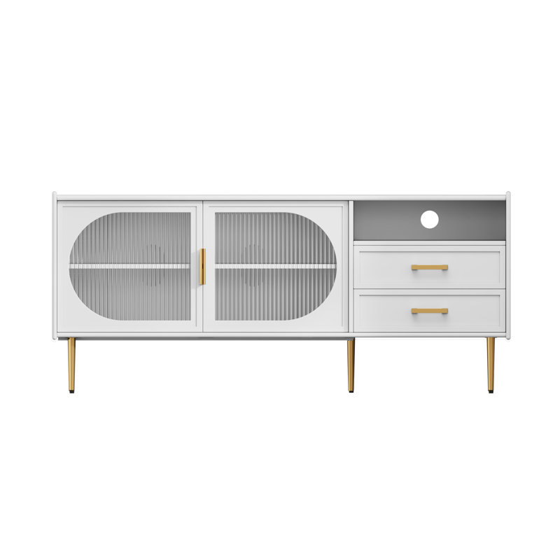 Meuble télé 60 po Modern Farmhouse pour téléviseur de 70 po ou moins, console média en verre cannelé avec 2 tiroirs et rangement ouvert, centre de divertissement avec pieds en métal doré pour le salon et la chambre à coucher