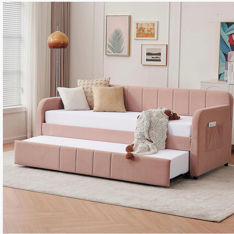 Structure de lit de jour simple rembourrée avec lit gigogne, canapé-lit simple pour chambre à coucher, support à lattes de bois, rose