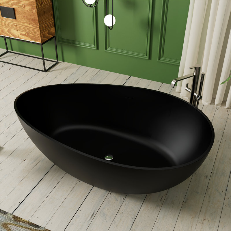 63" Egg-Shaped Freestanding Resin Soaking Bathtub, Artful Wavy Curve Design with Drain & Overflow, Modern Statement Piece for Luxury Bathrooms