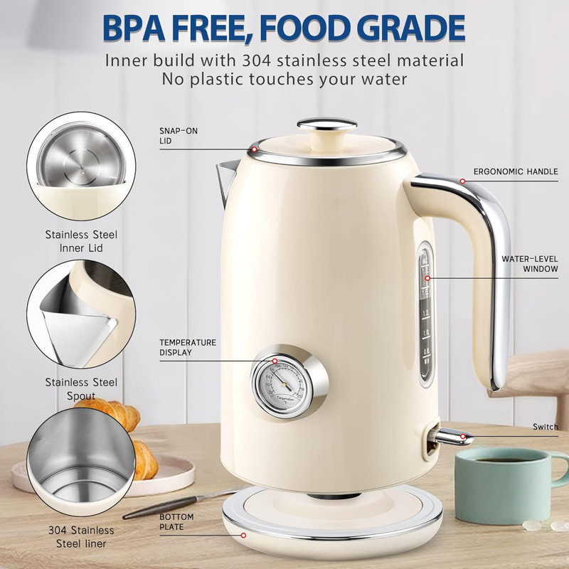 Cream 1.7L Stainless Steel Electric Kettle with Temperature Gauge