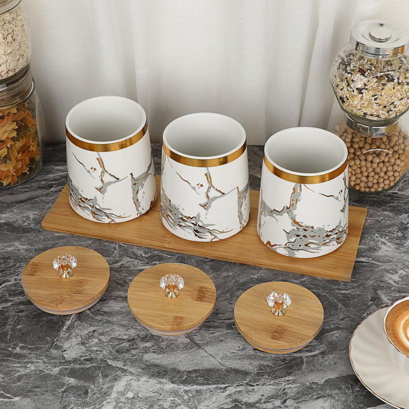 Set Of 3 Canisters Set For Sugar Coffee Tea With Airtight Lid, Ceramic Storage Containers Sets White Storage Pots With Tray Storage Jar Decorative Canisters Sets For For Kitchen Counter