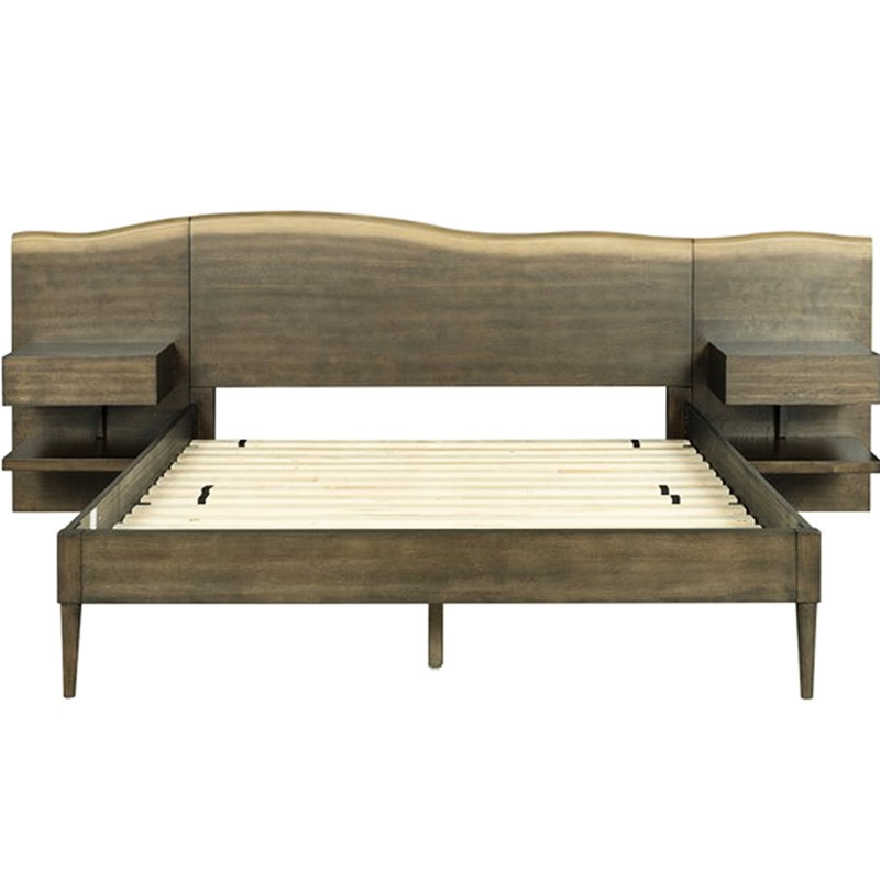 Lit plateforme brun foncé avec tête de lit Live Edge et table de chevet intégrée