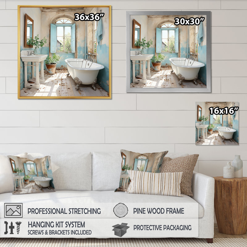 «Farmhouse Bathroom Charm I - Laundry Large», art mural, H 36 po x l 36 po, Encadrement argenté