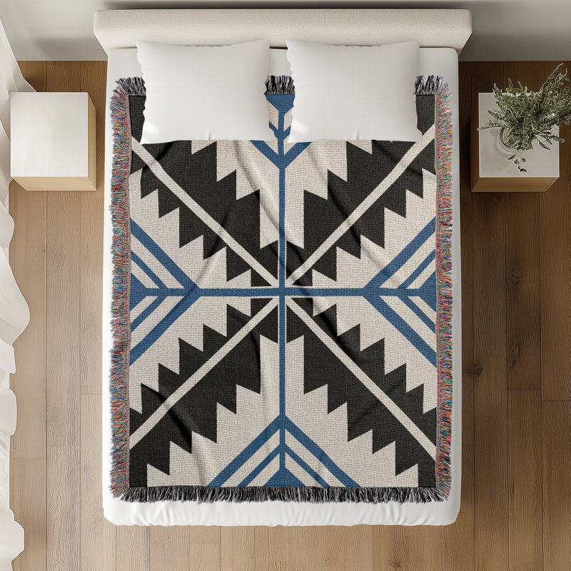 Jeté en mélange de coton Tala South Western, L 80 po x l 60 po, Bleu / noir / blanc cassé