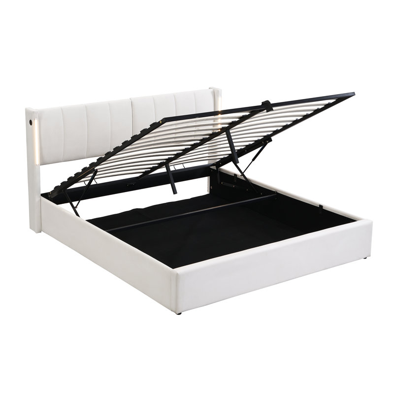 Upholstered Storage Bed With Adjustable Headboard, USB And LED PU, White, Kingsize (5')