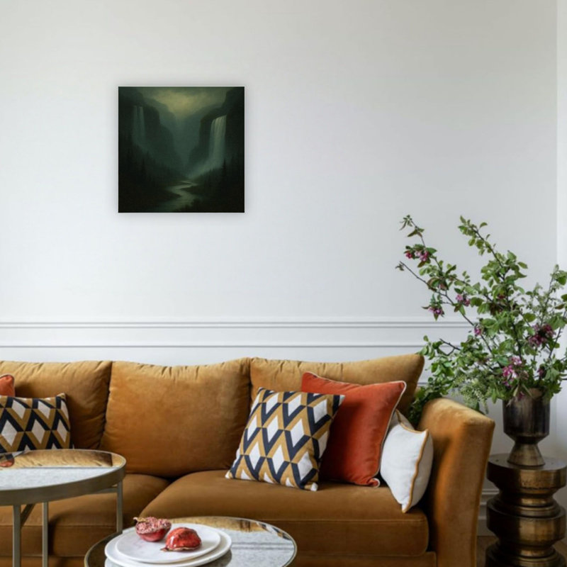 «Green Misty Twin Waterfails in Deep Forest Valley», art mural moderne sur toile de qualité supérieure