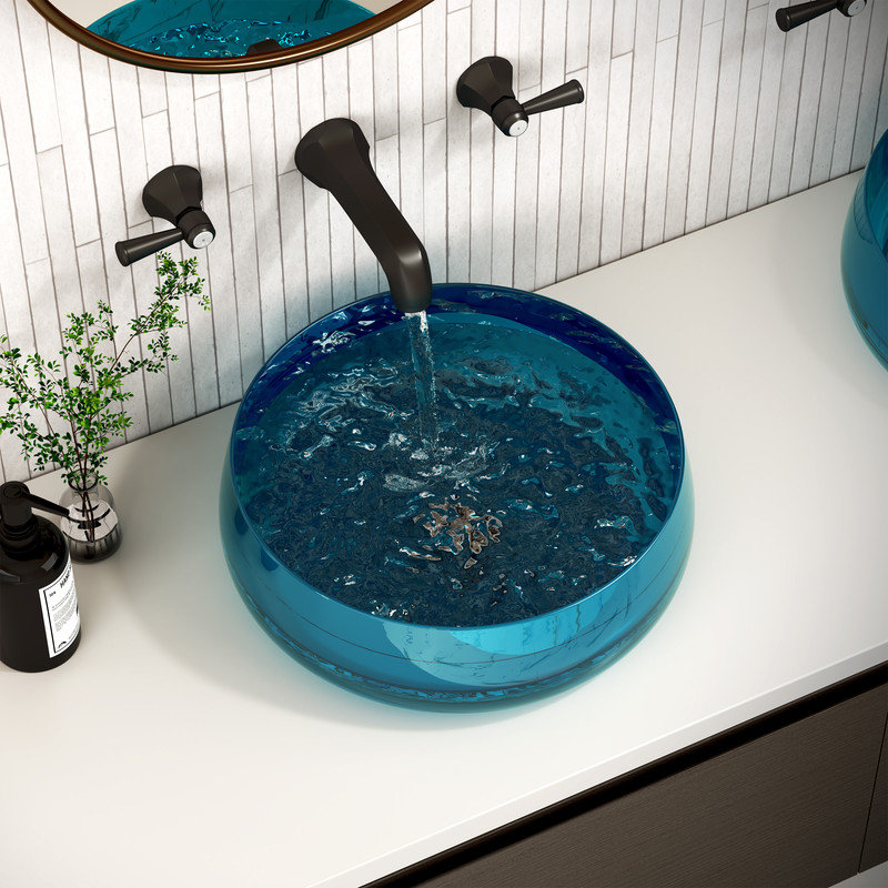 CASAINC Round Solid Surface Resin Bathroom Vessel Sink, Ocean Bule