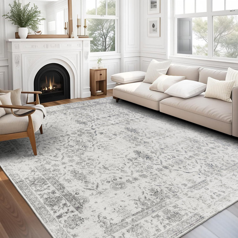 Roshun Noor Vintage Machine Washable Area Rugs, Rectangle 5' x 7', Ivory Gray
