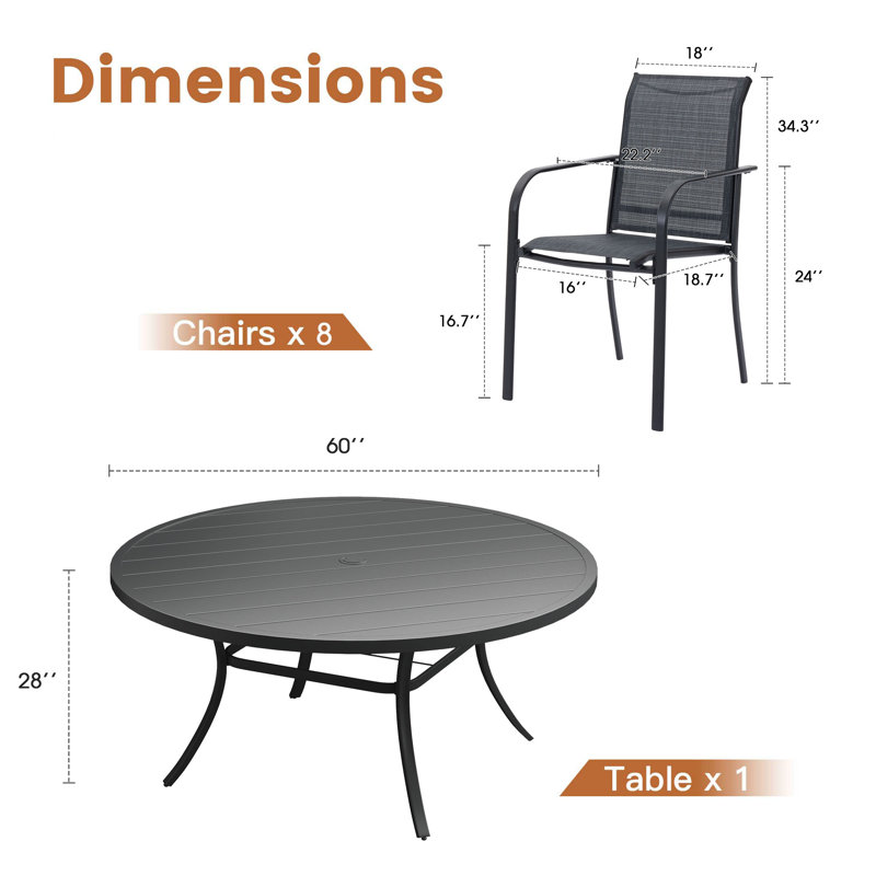 60" Patio dining set with Metal Round Dining Table and Stackable Armrest Dining Chairs, Black/Gray