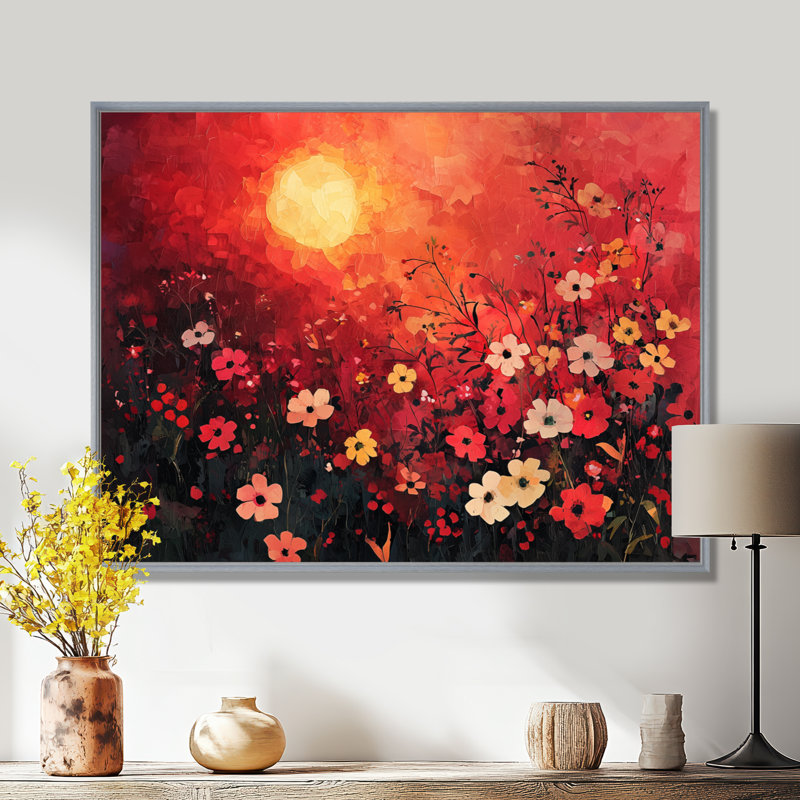 Isabeya Red Sunset Wildflowers Glory III - Art mural fleurs sauvages, H 24 po x l 32 po, Impression encadrée flottante