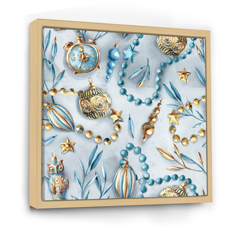 «Blue and Gold Christmas Tree Ornaments», reproduction d'art sur toile moderne, Cadre flottant érable